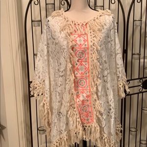 Lacy cape with orange and gold front embroidery